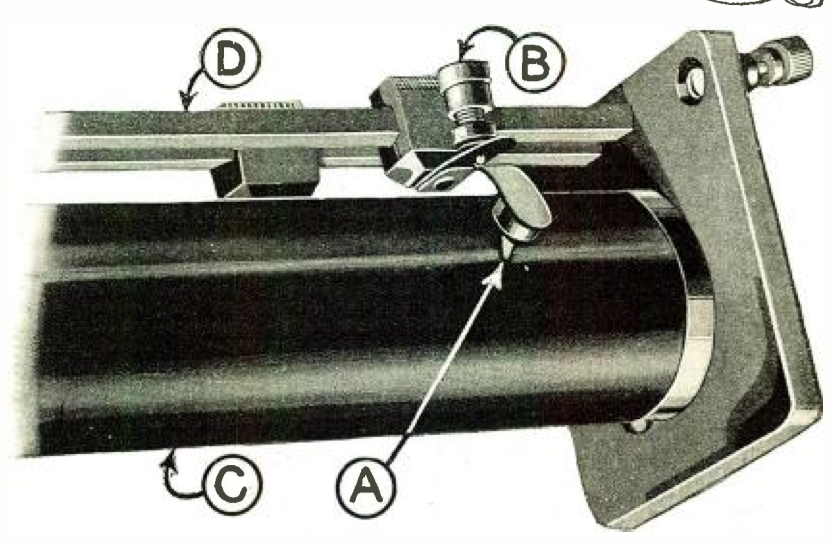 Close-up of Detectorium, showing D, slider, B, adjusting screw to bring crystal cup with crystal into contact with wire convolutions, A, crystal, and C, tuning coil.