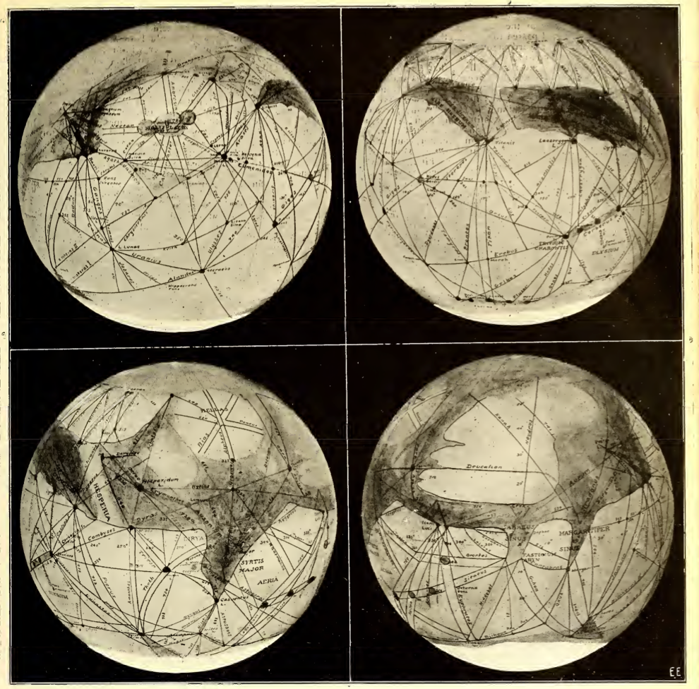 Four different views of the planet Mars.  As Mars turns on its axis once every 24 hours the same as the earth, we are enabled to see the entire surface of the Martian globe during that time.  The four views, as shown, are therefore taken six hours apart from each other.  These pictures were made during the last "opposition" in 1911, when Mars was some 47 million miles distant from the earth.  It never comes nearer than 35 million miles to the earth.  In 1924 the two planets will be but 35 million miles apart.  In the views shown, *the top is south, the botton north,* for through the telescope all objects are turned upside down.  The white patch at the bottom is the north Polar snow cap, the southern cap is not in evidence for it has melted already.  The melted water has been conducted equatorward by the "canals."  Note that the canals run through the dark areas, which are not oceans therefore, but land with vegetation.  The light areas are deserts.  Nearly all canals are perfectly straight, the ones near the edges of the pictures appear curved only because we are looking on a globe and not on a plane surface.  Photos courtesy of Prof. Percival Lowell, Flagstaff Observatory, Flagstaff, Ariz.