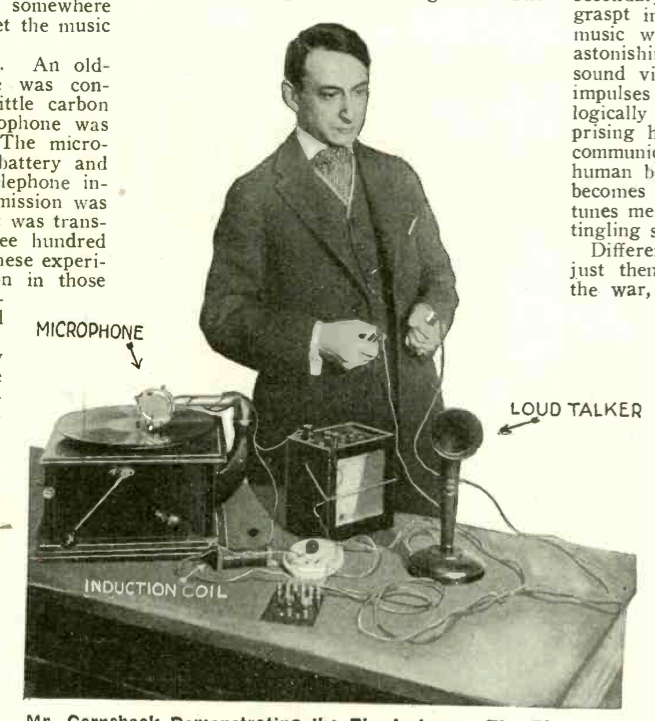 Mr. Gernsback Demonstrating the Physiophone.  The Photograph Shows How the Instruments Are Connected.  By Means of the Double Pole Switch, the Music Is Reproduced by a Loud Talker.  Then the Switch is Thrown, and Physiological Music Is Had.