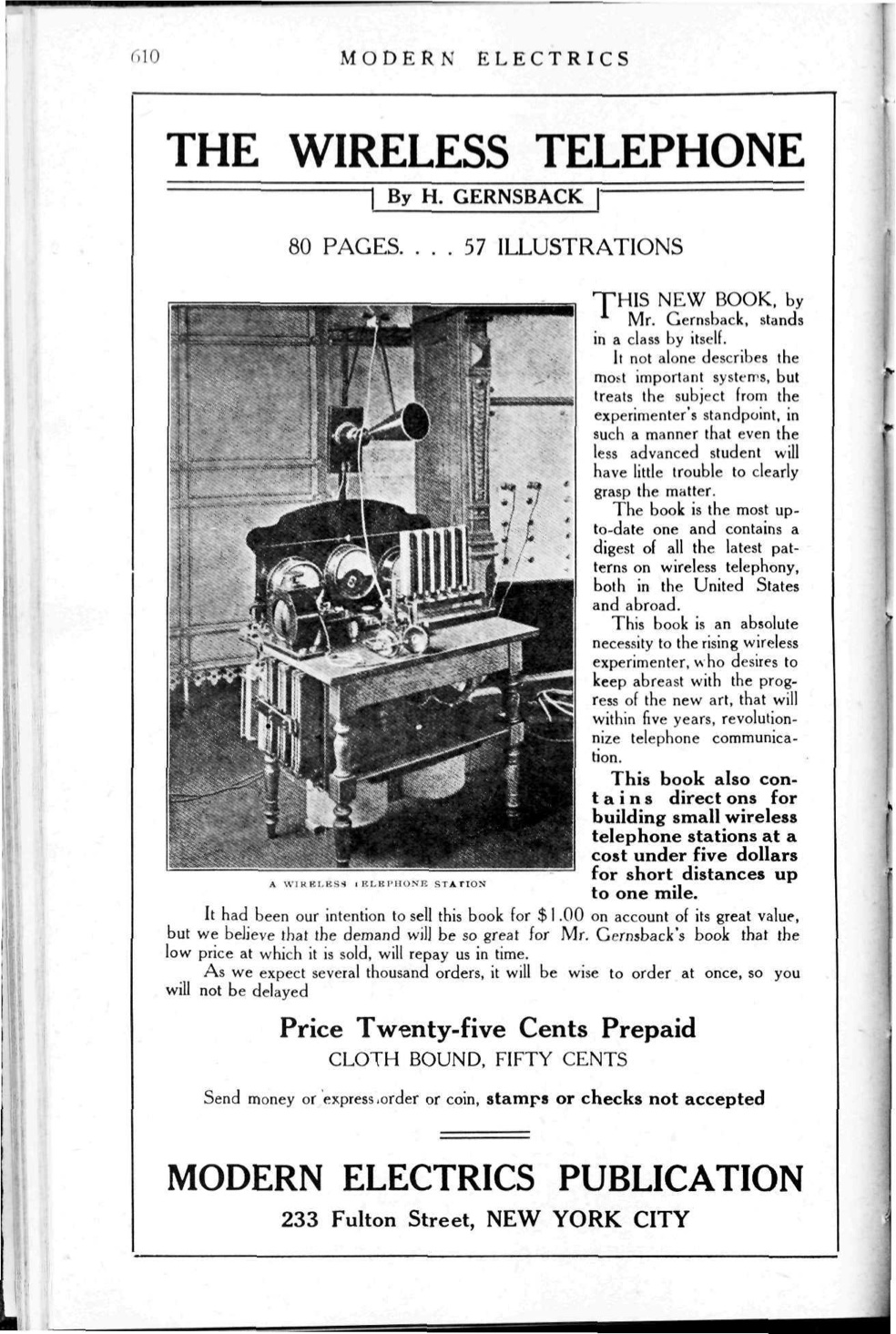 Advertisement for *The Wireless Telephone* in the January 1911 issue of *Modern Electrics.*